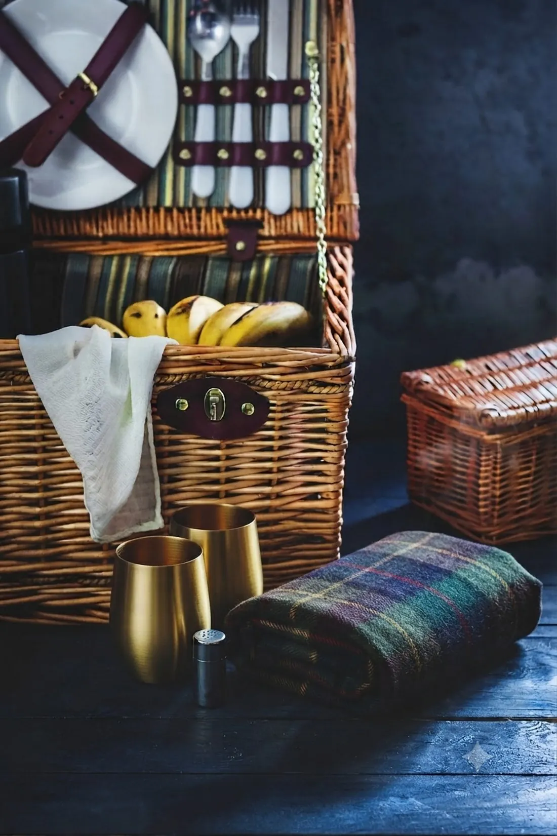 A packed wicker picnic basket with plates, cutlery, fruit, and a tartan blanket